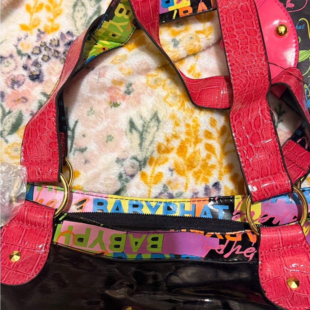 Baby Phat Black Patent Tote and Wallet with Hot Pink Trim & Multicolor Logo - Picture 5 of 16